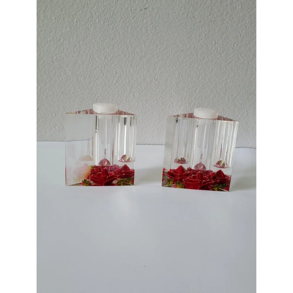 Vintage Clear Lucite Salt and Pepper Shakers Reverse Carved Red Roses Bircraft